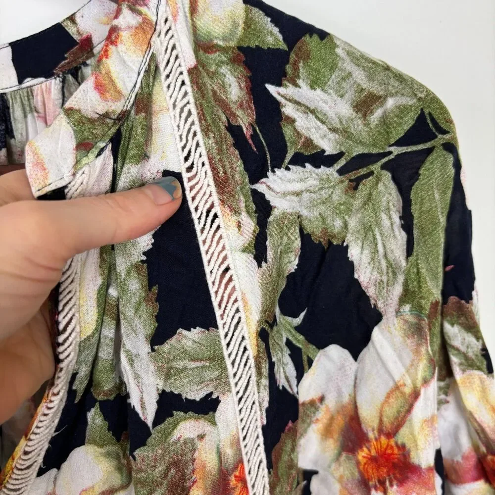 Umgee Apple Blossom Green Floral Tunic Mini Dress Women's Medium